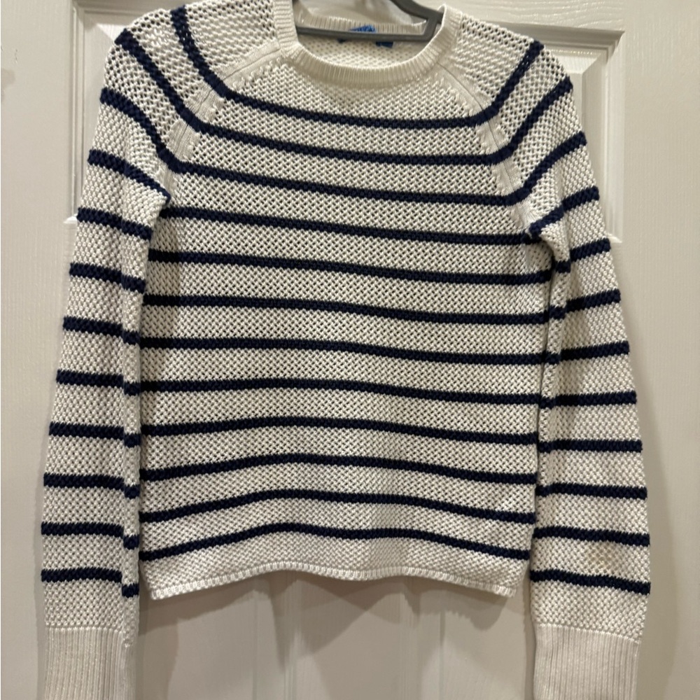 J. McLaughlin White and Navy Striped Crewneck Sweater